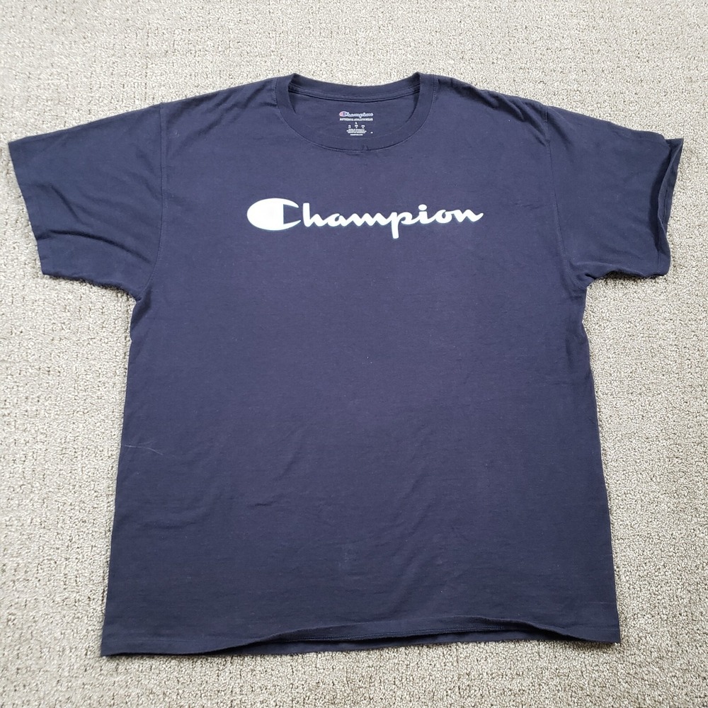 Champion T-Shirt Mens Large Navy Blue Script Logo Short Sleeve Athletic Cotton